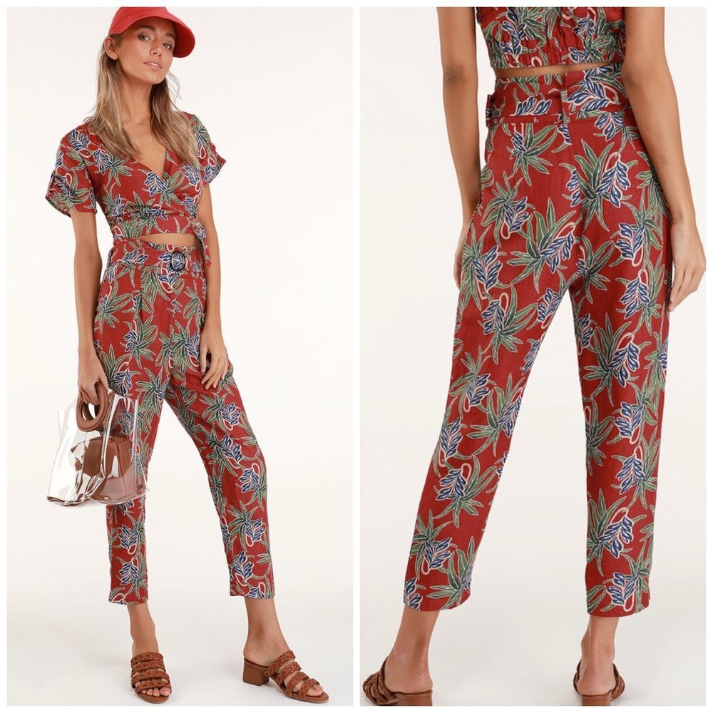 Lulus Moon River Linen Blend Paperbag Belted Crop Pants Red Tropical S - Picture 11 of 11